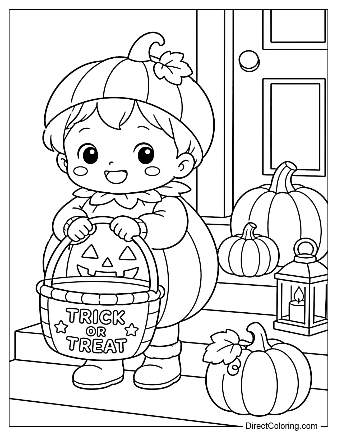 A small toddler wears a cute round pumpkin costume and holds an oversized Trick or Treat basket with both hands, standing near a doorstep with a few pumpkins and a lantern.
