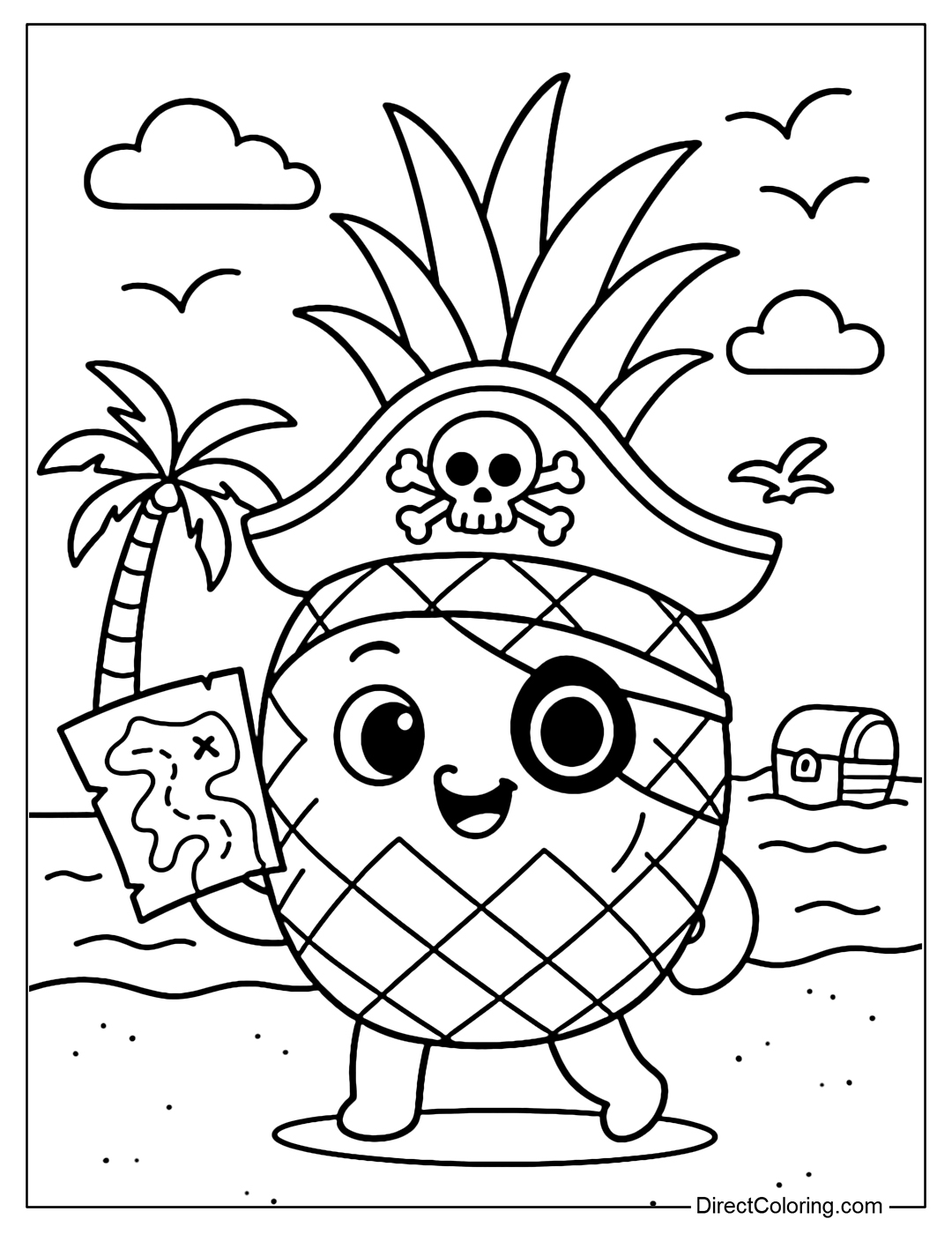 Coloring page of a pineapple wearing a pirate hat, holding a treasure map.