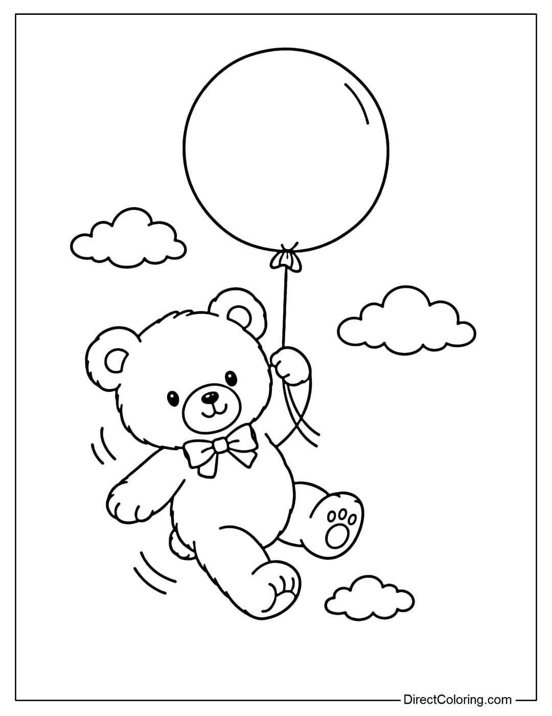Coloring page of a teddy bear holding a round balloon and flying up.