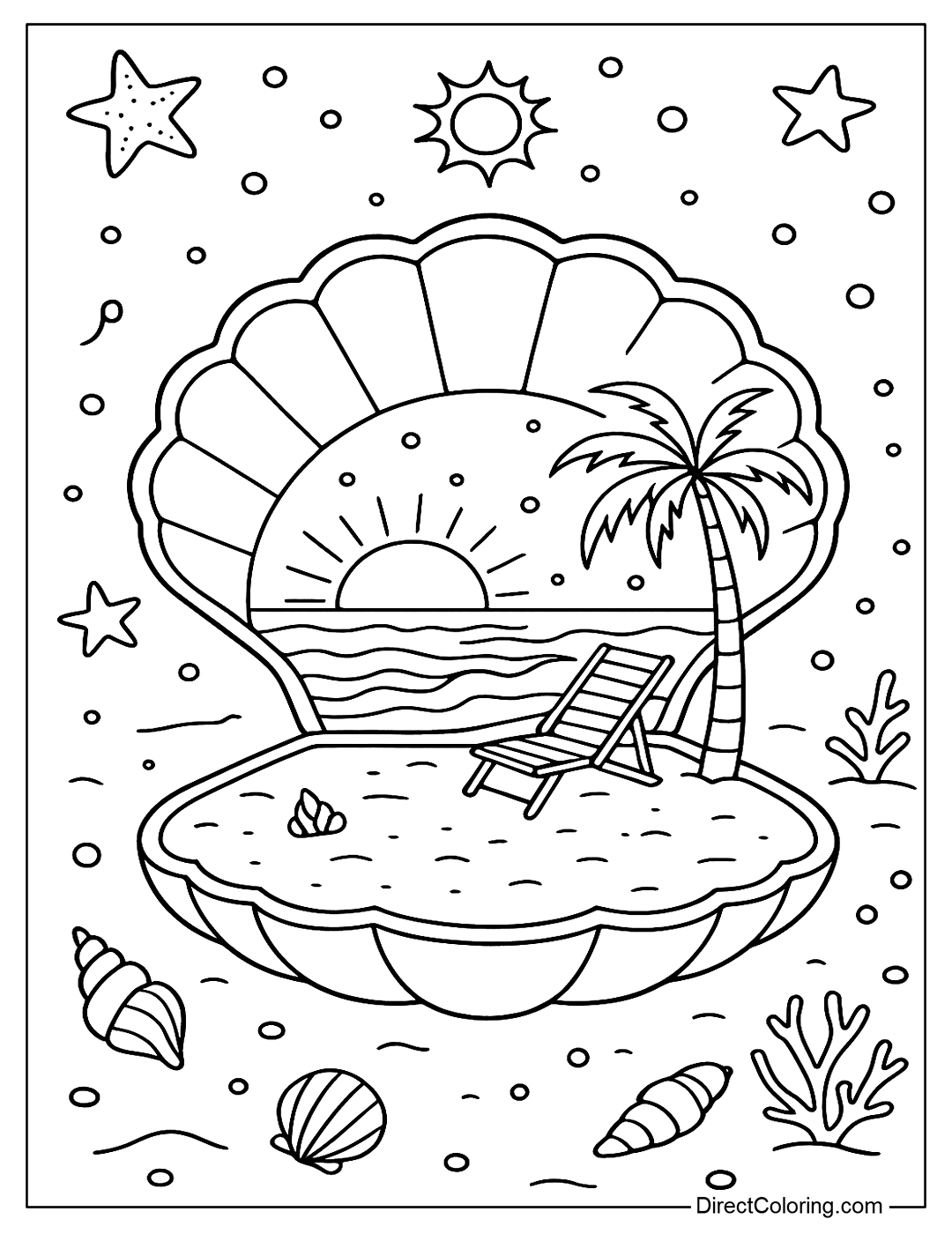 a seashell compact coloring page that opens to a beach at sunset with waves, lounge chairs, and coconuts