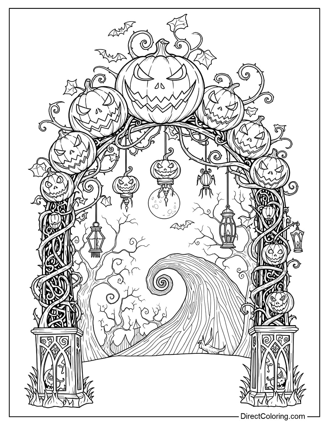 Halloween Town's signature pumpkin archway color page, with lanterns and gothic patterns.