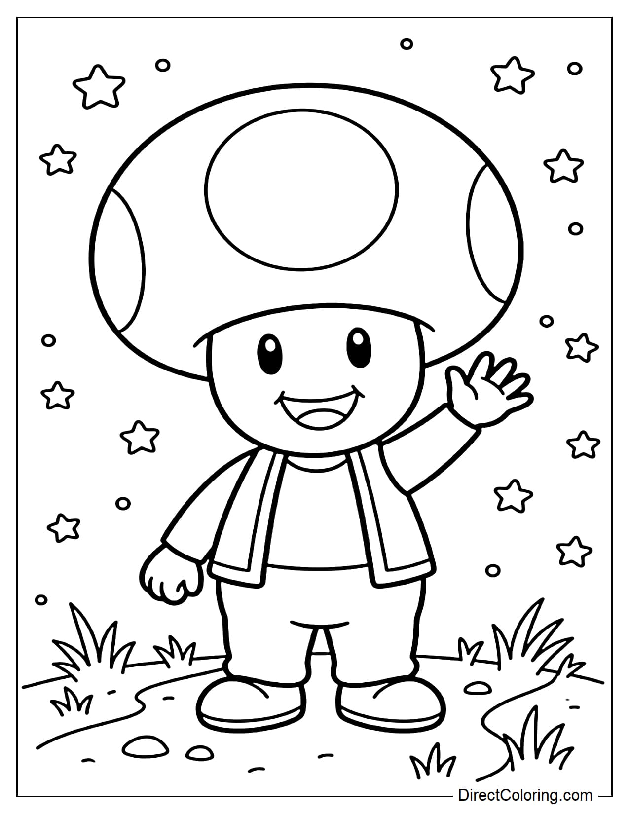 Toad stands happily with his large signature mushroom cap and one hand waving, with a few stars around him.