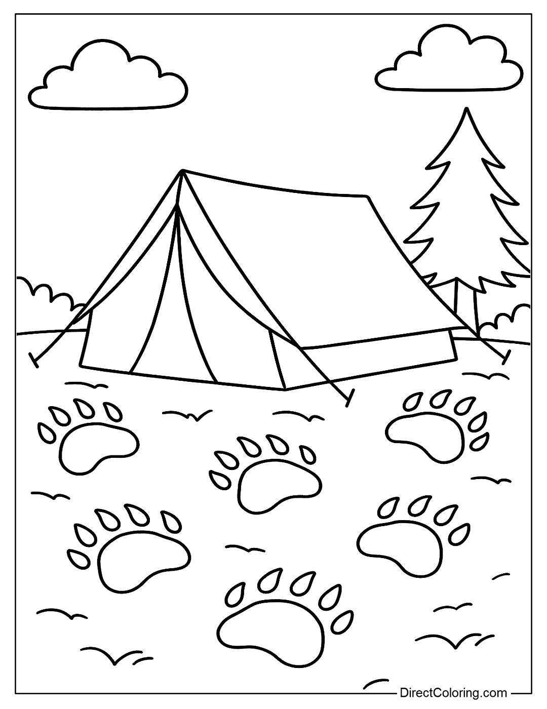 a bear tracks coloring page around the campsite with the tent closed.