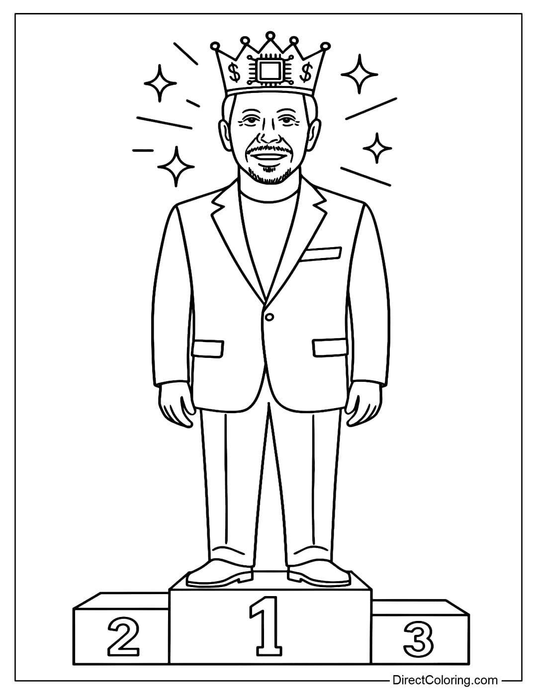 Larry Ellison with Billionaire Crown Coloring Page Larry Ellison coloring page wearing a crown made of electronic chips and sparkling dollar signs, standing in the middle of the podium as the number 1 billionaire.