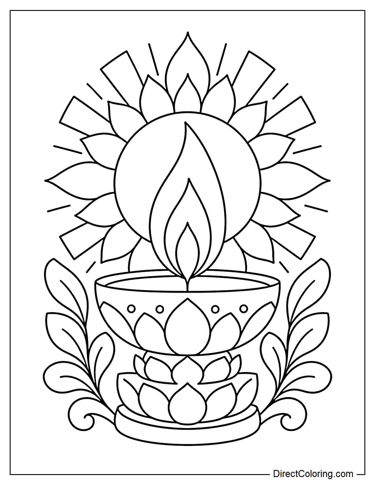 A large diya with a base made of three layers of lotus petals. Its tall flame is surrounded by a radiant ring of flower petals and broad sun rays, with two symmetrical curved leafy branches on either side.