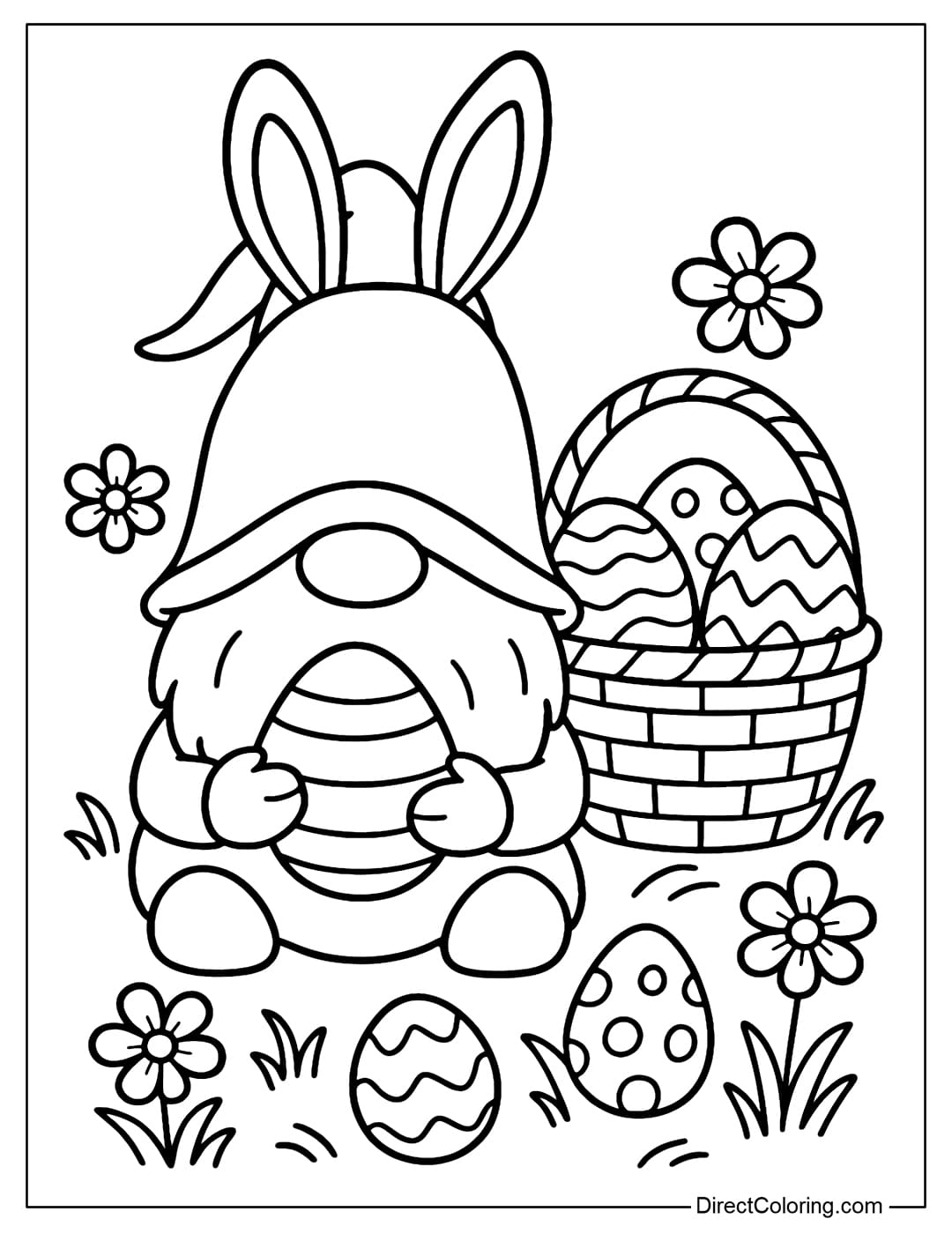 A coloring page featuring a gnome hugging an Easter egg, wearing a pointed hat with bunny ears, sitting next to an Easter egg basket with several large eggs.