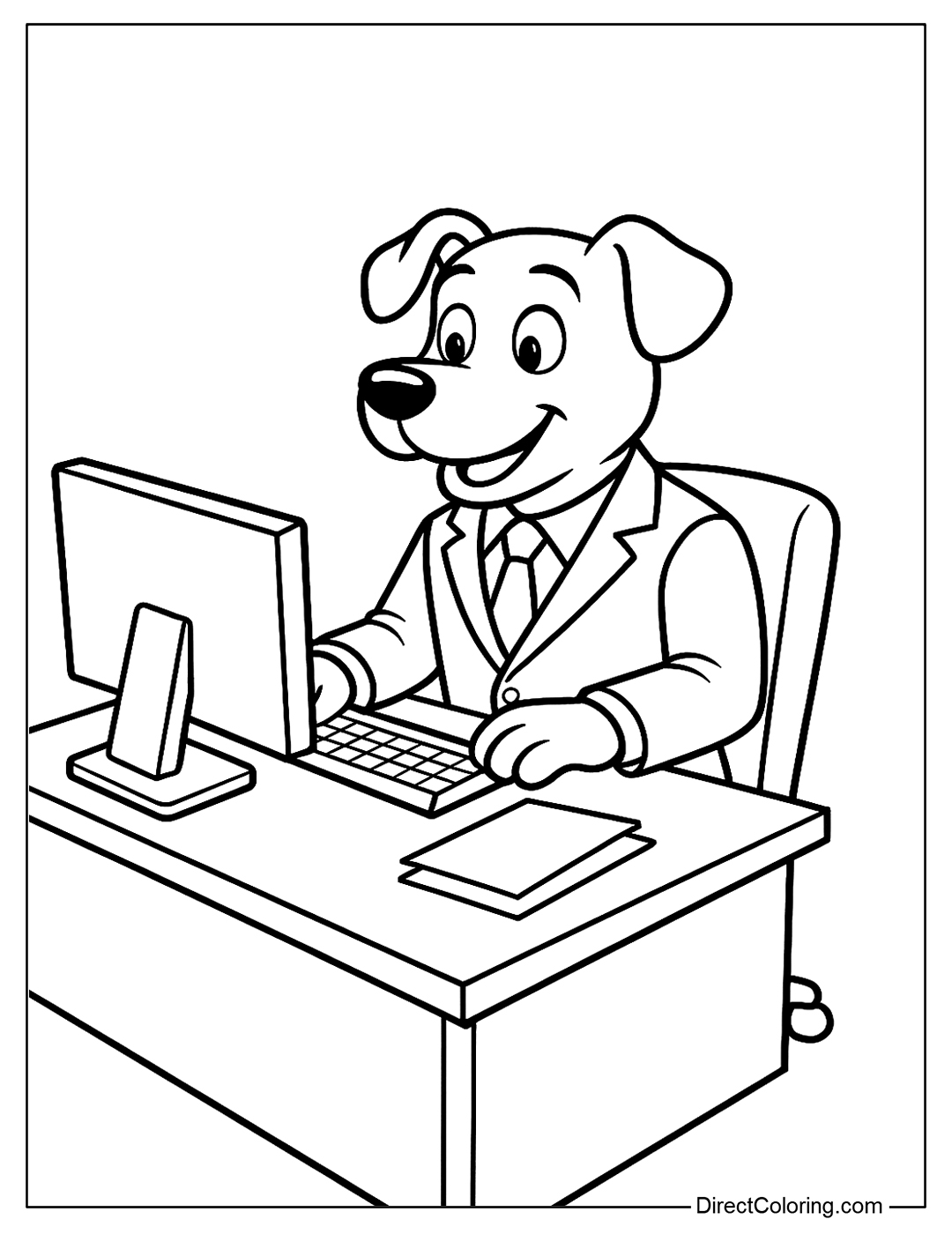 Dog in a Business Suit Sitting at Work Coloring Page