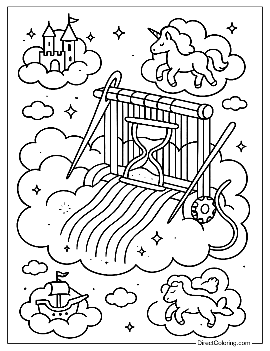 A large cloud is a giant loom, weaving dreams with rainbow yarn coloring page