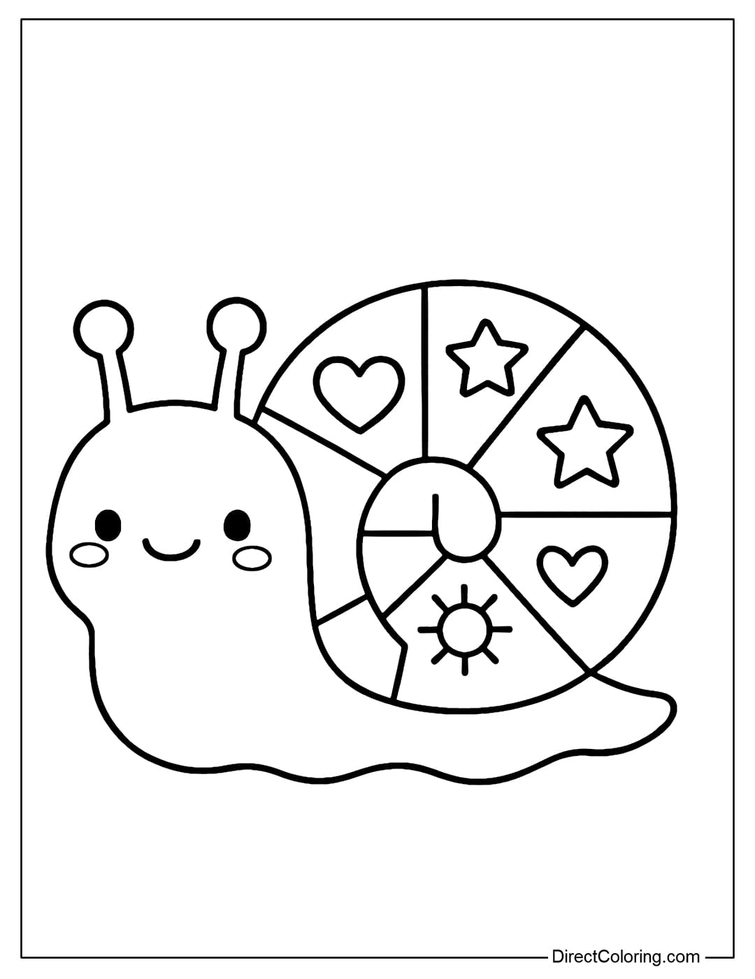 A snail shell coloring page divided into many geometric patches like patchwork, with heart, sun, and star patterns inside.