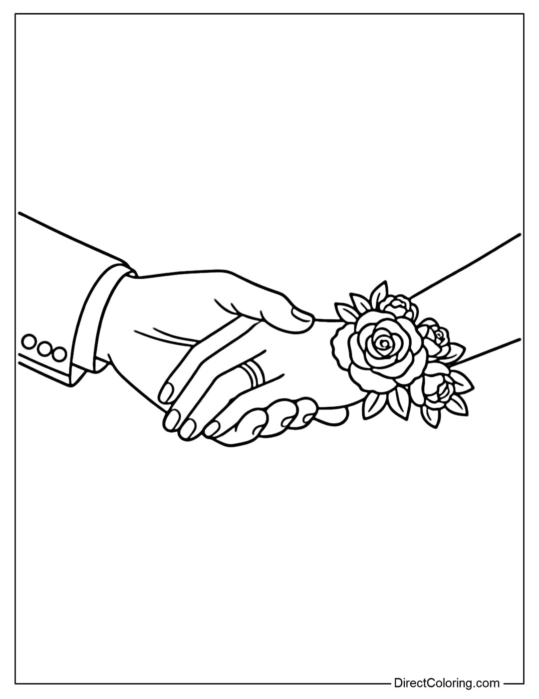 Coloring page for the groom's hand holding the bride's hand, with a small floral bracelet on the bride's wrist.