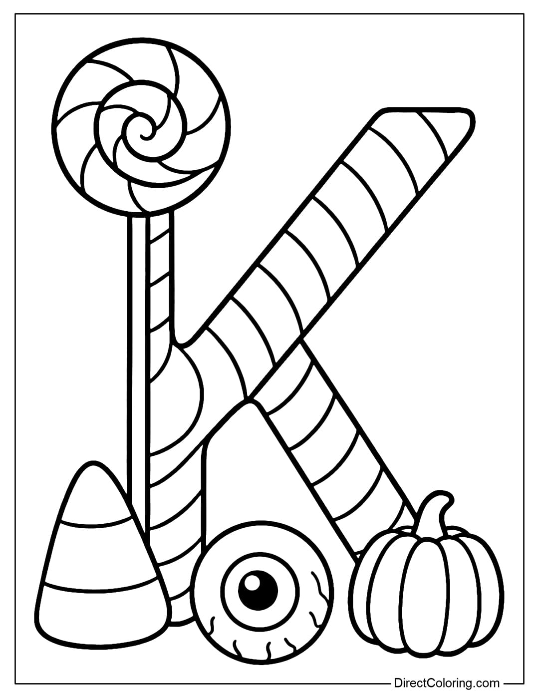 Letter K coloring page made from Halloween candy: lollipops, candy corn, evil eye candy, and pumpkin candy.