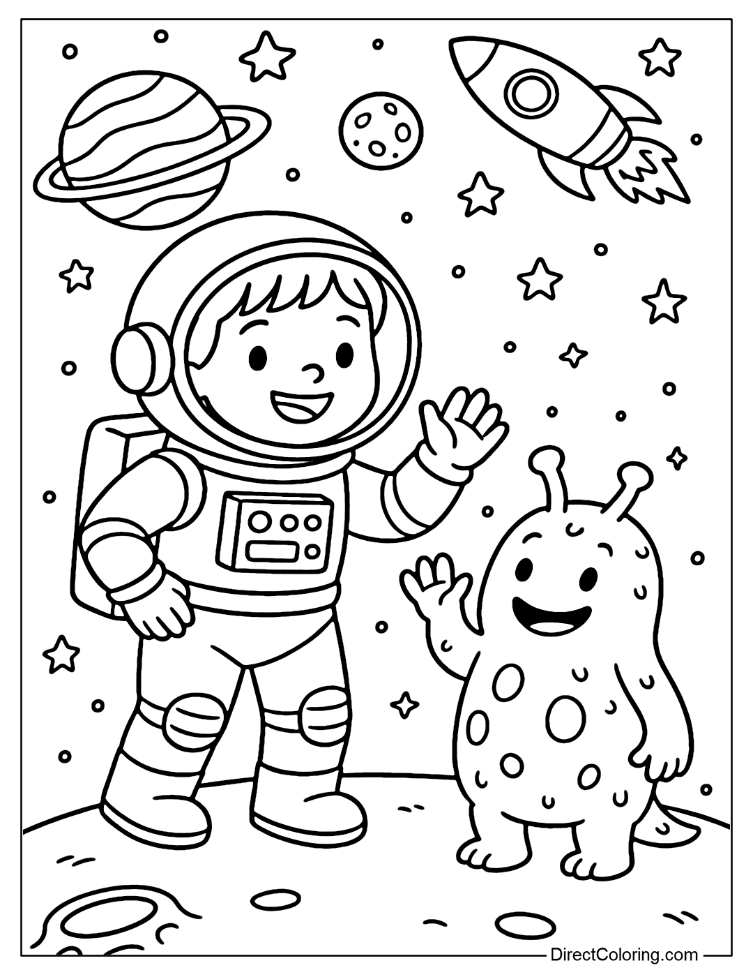 Coloring page of a little astronaut waving to an alien in the middle of the universe.