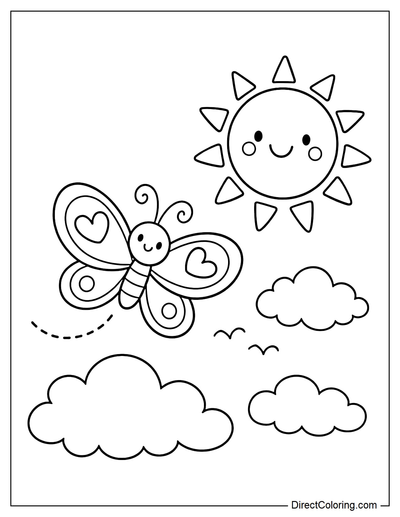 A butterfly flying near a cloud and sun.