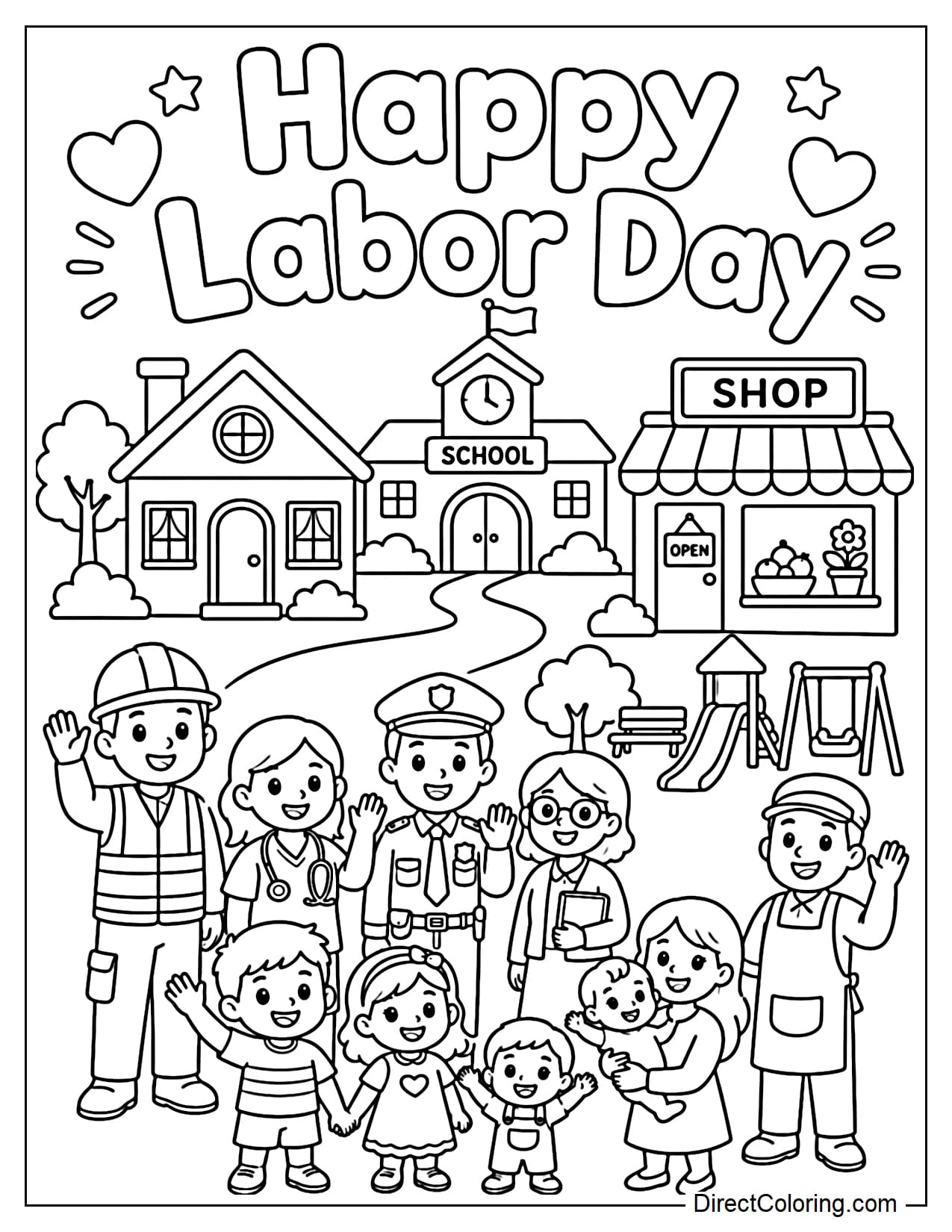 A small, clean neighborhood with houses, schools, shops, and a park, with a group of workers and their families waving under a 