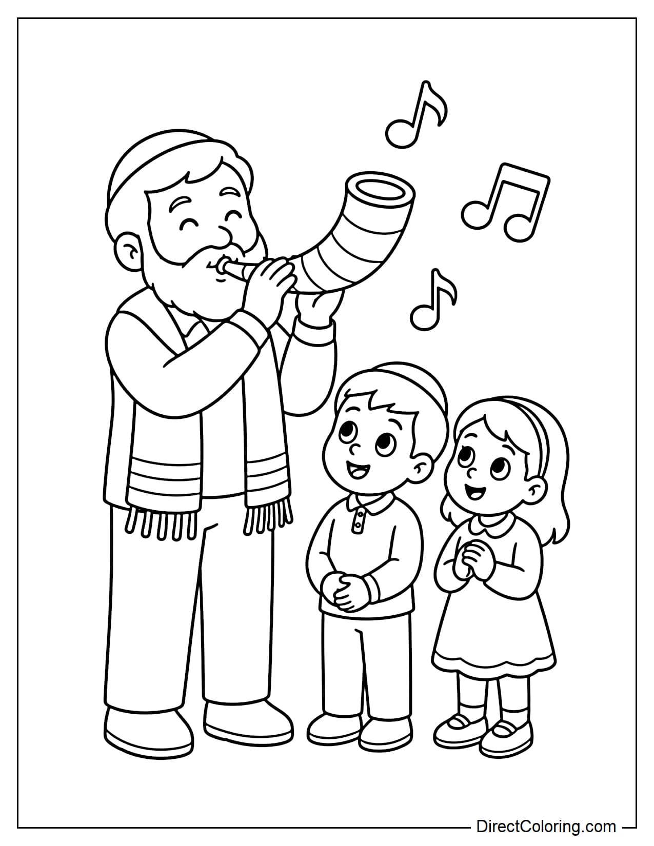 An adult blows a shofar in the foreground while two children stand nearby, listening intently with happy expressions; musical notes float in the air around them.