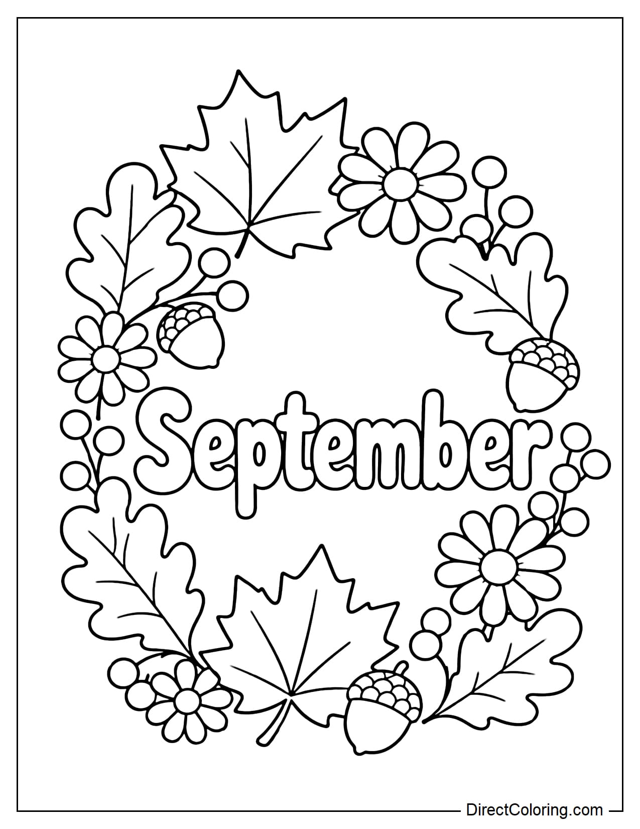 A large wreath made from maple leaves, acorns, daisies, and small berries, with the word September in the center.