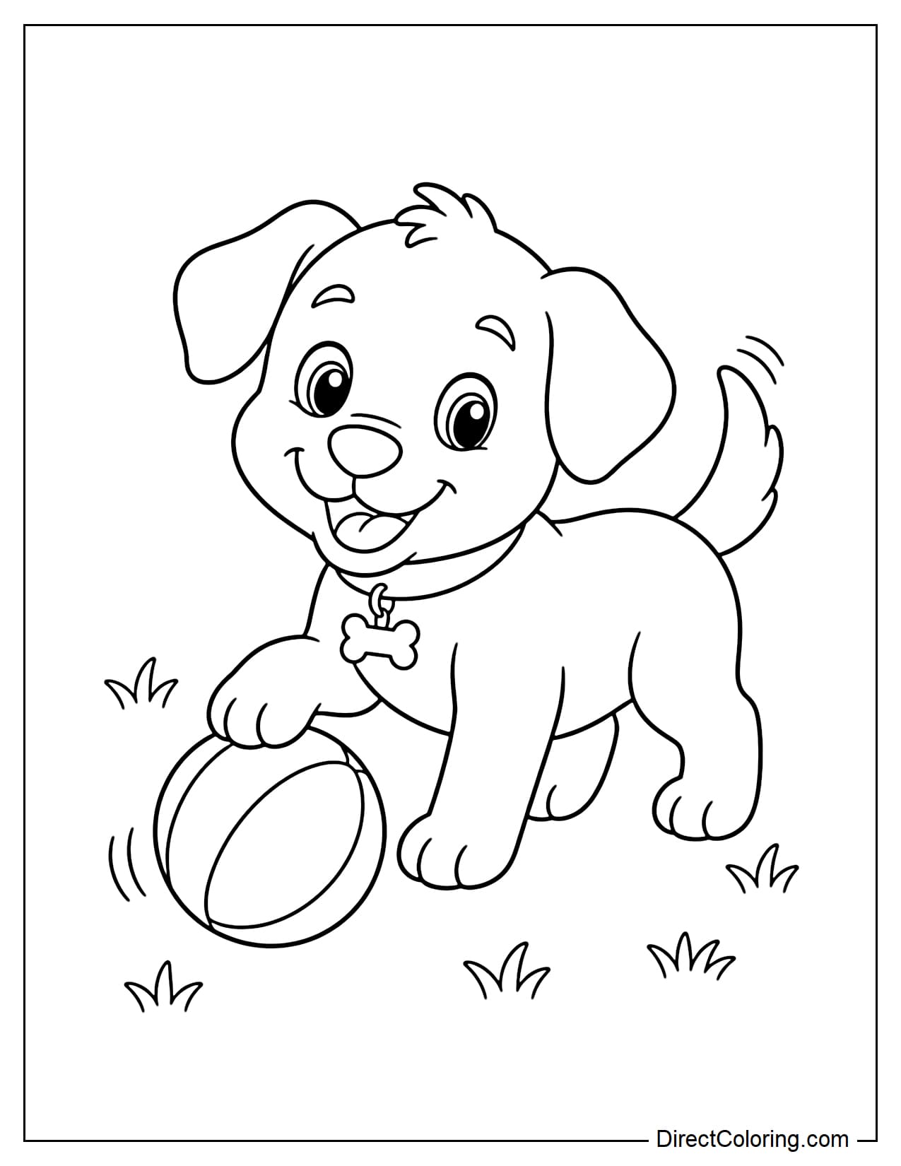 A puppy happily plays with a round ball in the yard, one paw near the ball, tail wagging gently, surrounded by some grass.