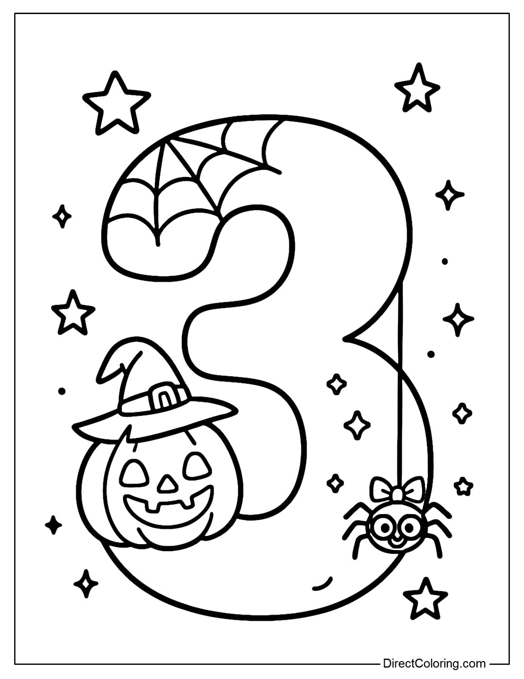 alloween number 3 coloring page has a spider web hanging lightly outside the number, a small spider wearing a bow hanging down by a silk thread