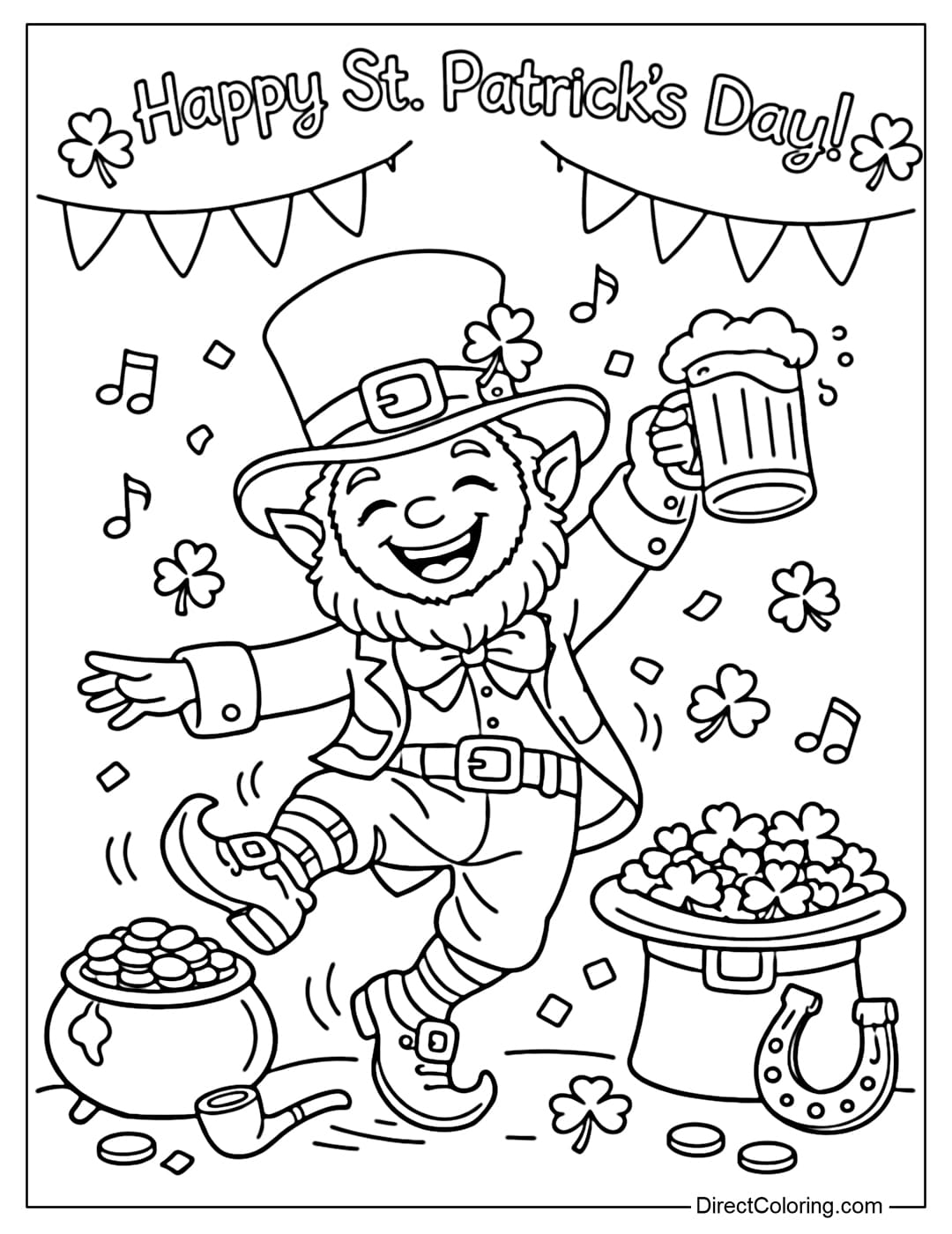 A coloring page of a leprechaun happily dancing during St. Patrick's Day celebrations.
