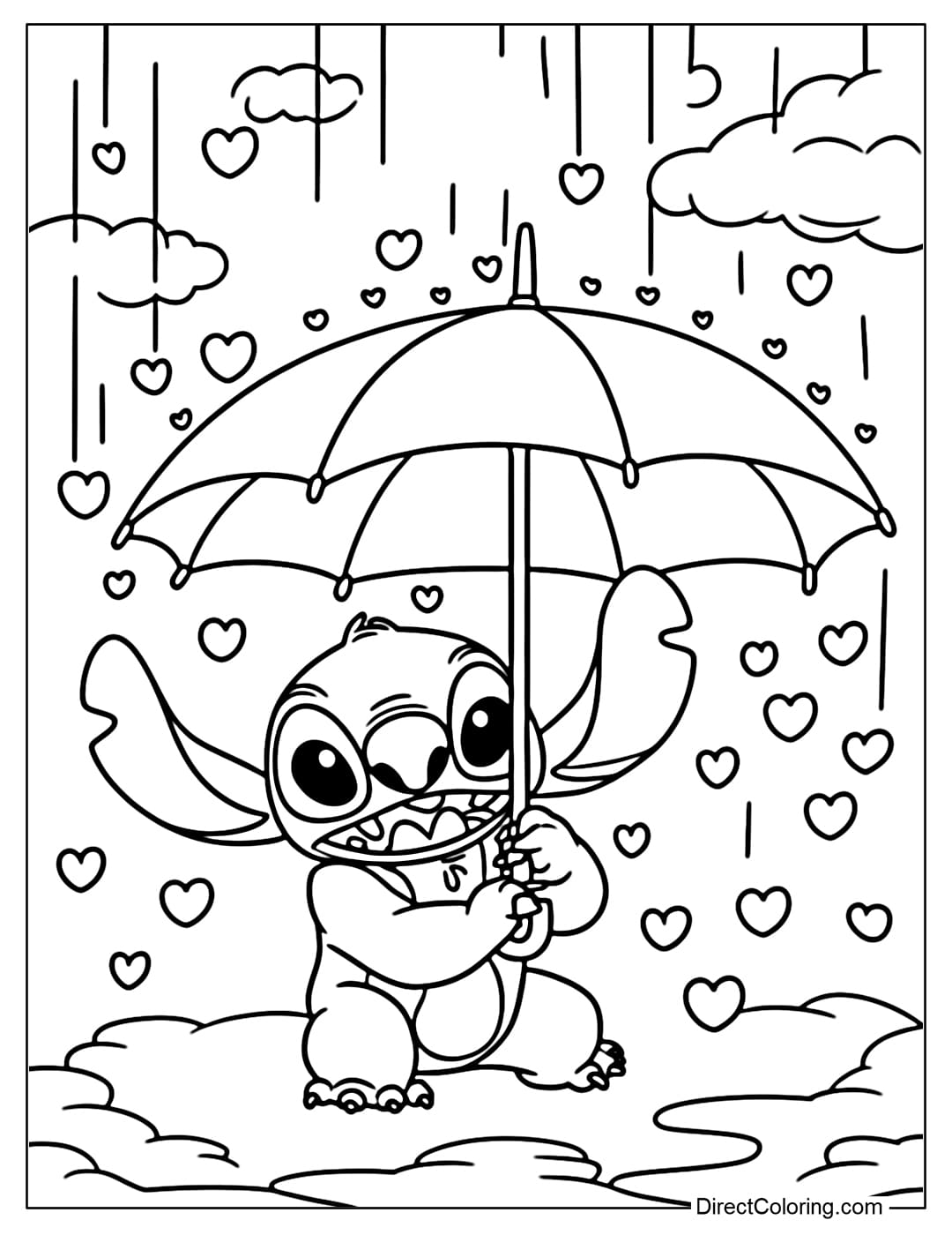 A coloring page of Stitch holding a round umbrella, surrounded by gently falling heart-shaped raindrops, a dreamy composition.