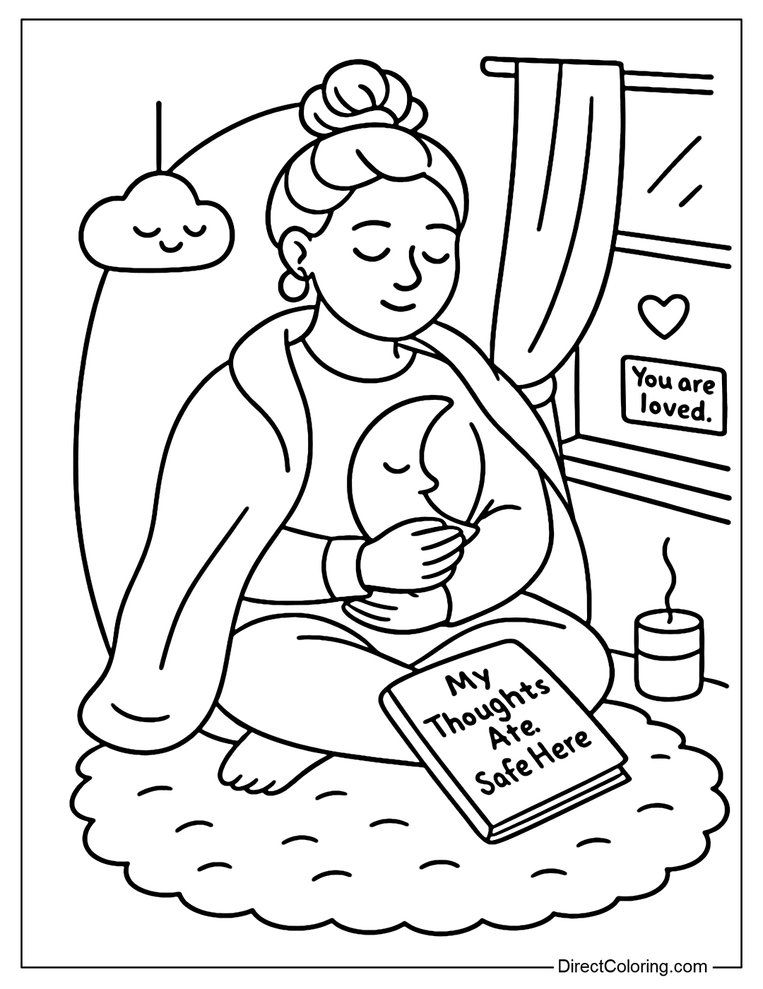 A coloring page of a young girl sitting snugly in her own 
