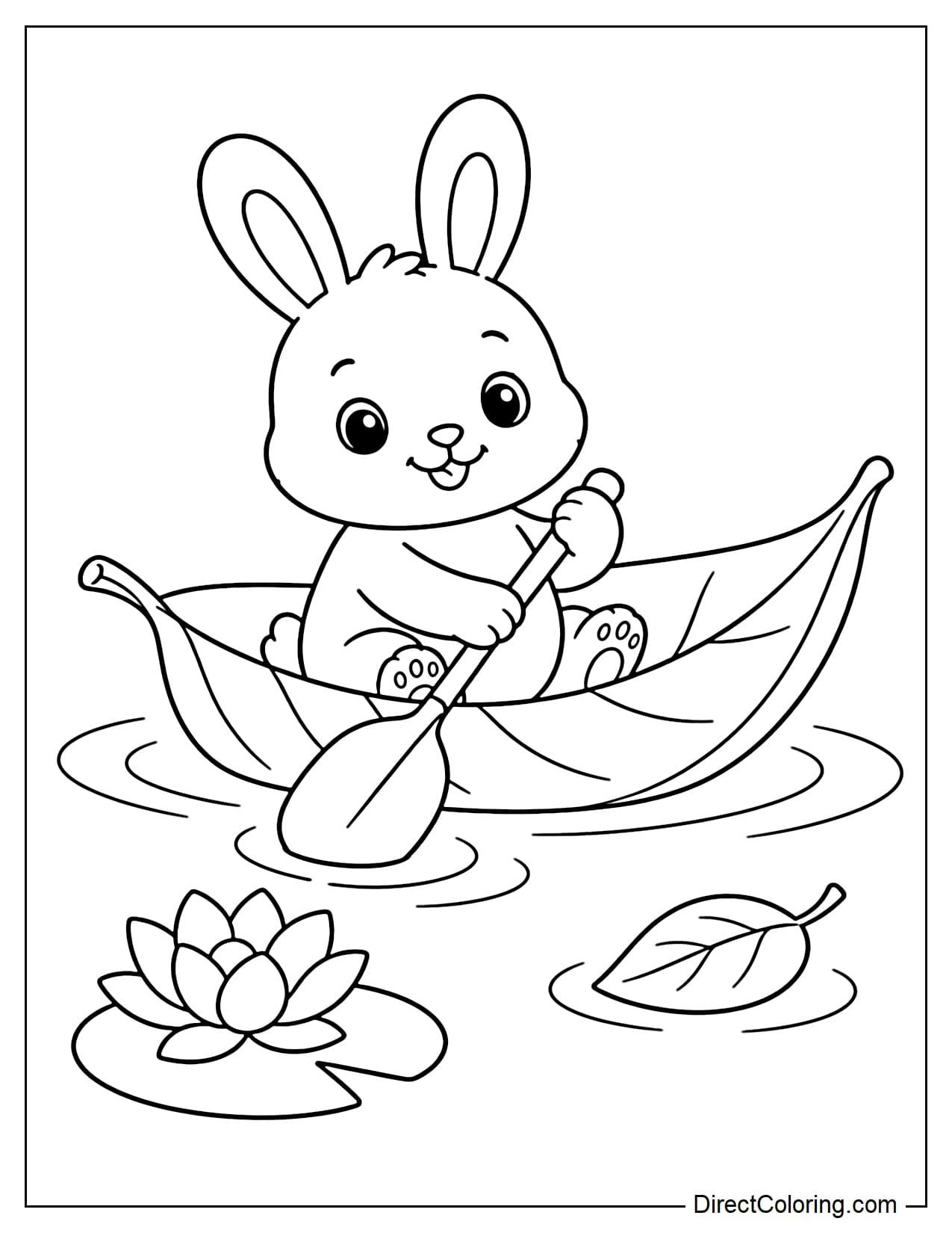 A rabbit sits in a tiny boat shaped like a large leaf, holding an oar with both paws while rowing across the water. A water lily and a floating leaf are nearby.