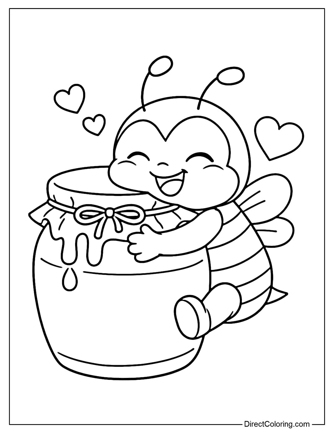 A coloring page featuring a little bee hugging a honey jar bigger than itself with a happy expression.