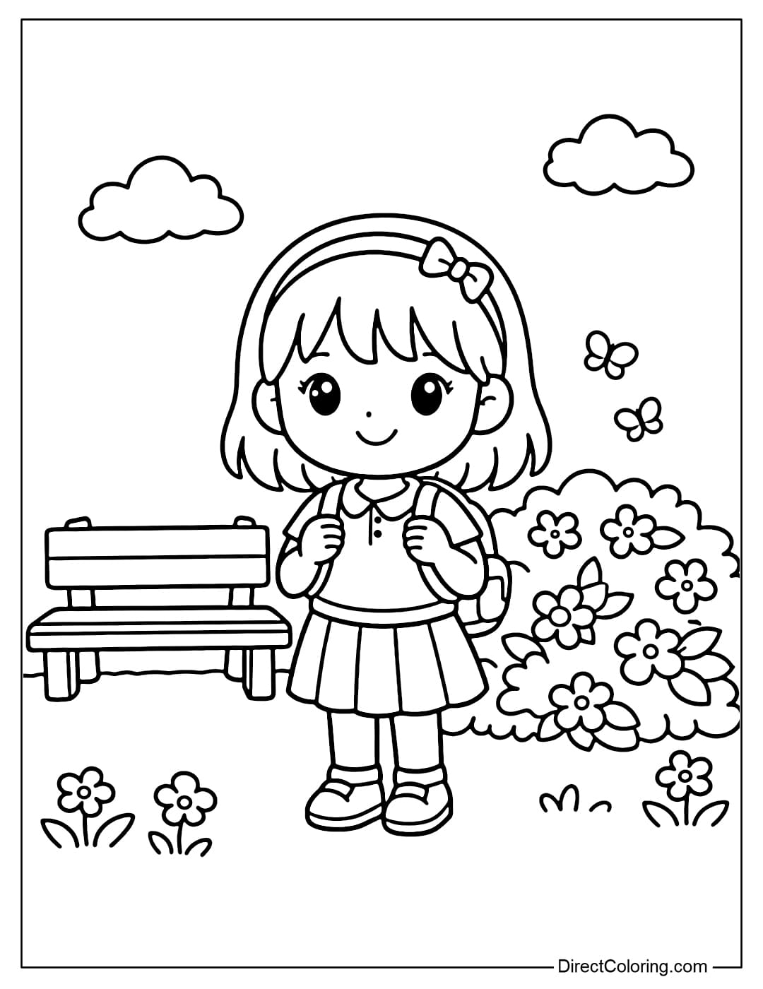 A little girl is standing in a park with bushes, flowers, and a bench.