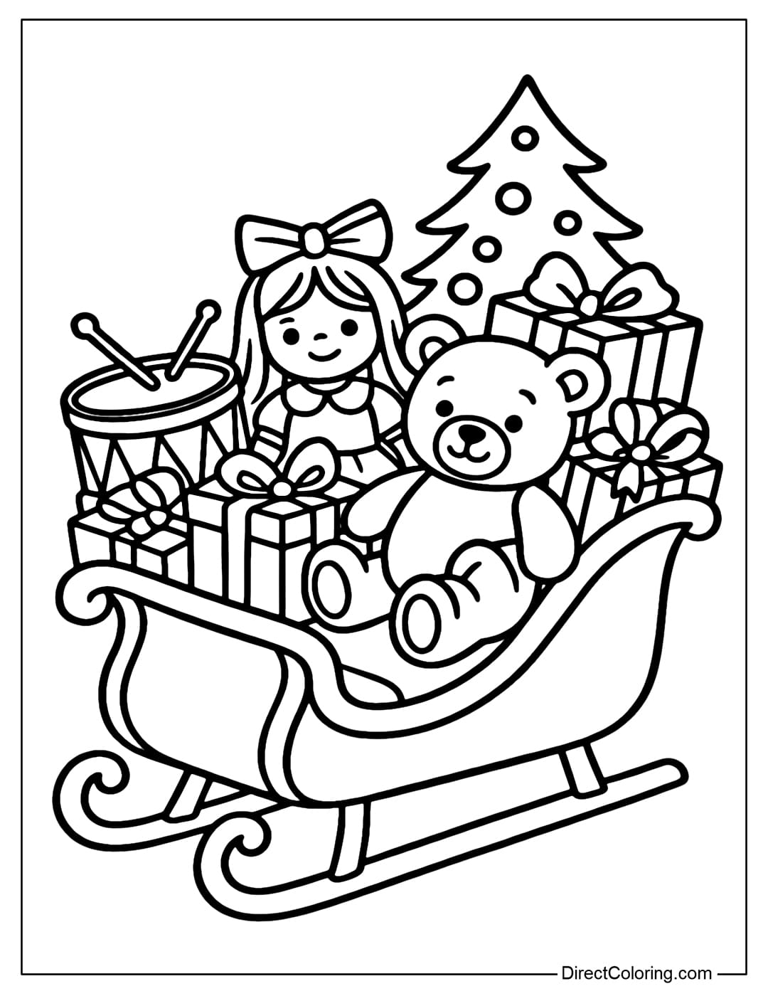 A green sleigh coloring page with a gold border, inside are teddy bears, drums, dolls and Christmas gifts, a small Christmas tree in the back.