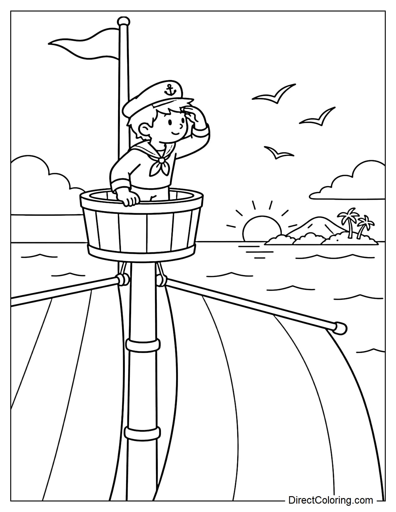A sailor stands in the round lookout high on the ship's mast, gazing toward a small island appearing on the horizon, with two large sails below and seabirds in the distance.