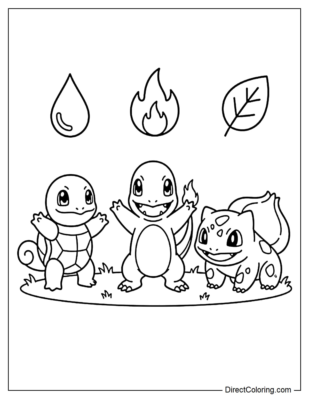 Bulbasaur, Charmander, and Squirtle stand together in a cheerful pose, with leaf, flame, and water droplet symbols above them.