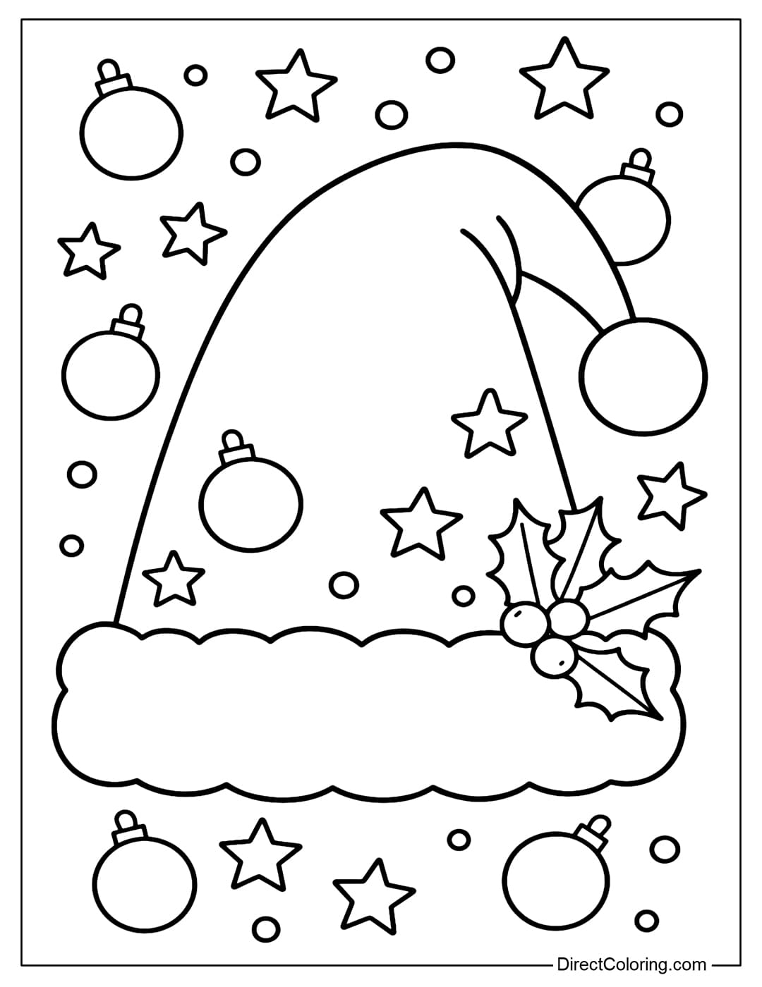 Coloring page Giant Santa hat decorated with baubles, stars and holly leaves.