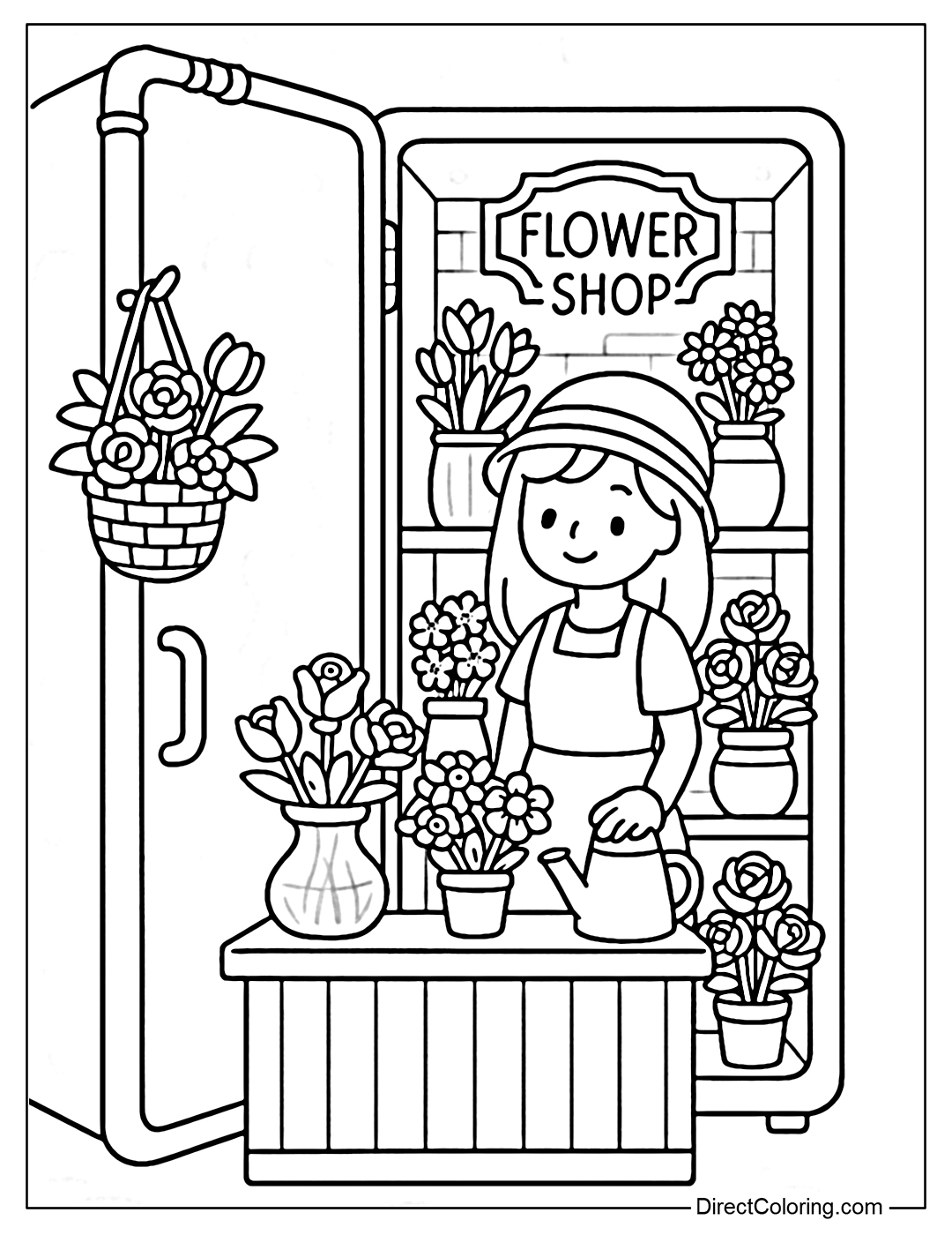 Coloring page of a secret flower shop behind the refrigerator door, the cold air is hazy, flower baskets hanging on the water pipe