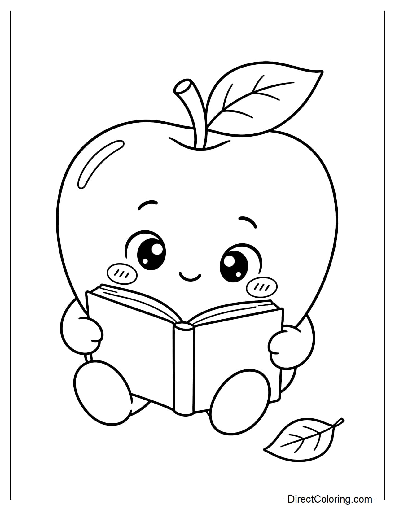 A large cute apple sitting and reading an open book, holding both sides with its small hands and wearing an adorable focused expression.