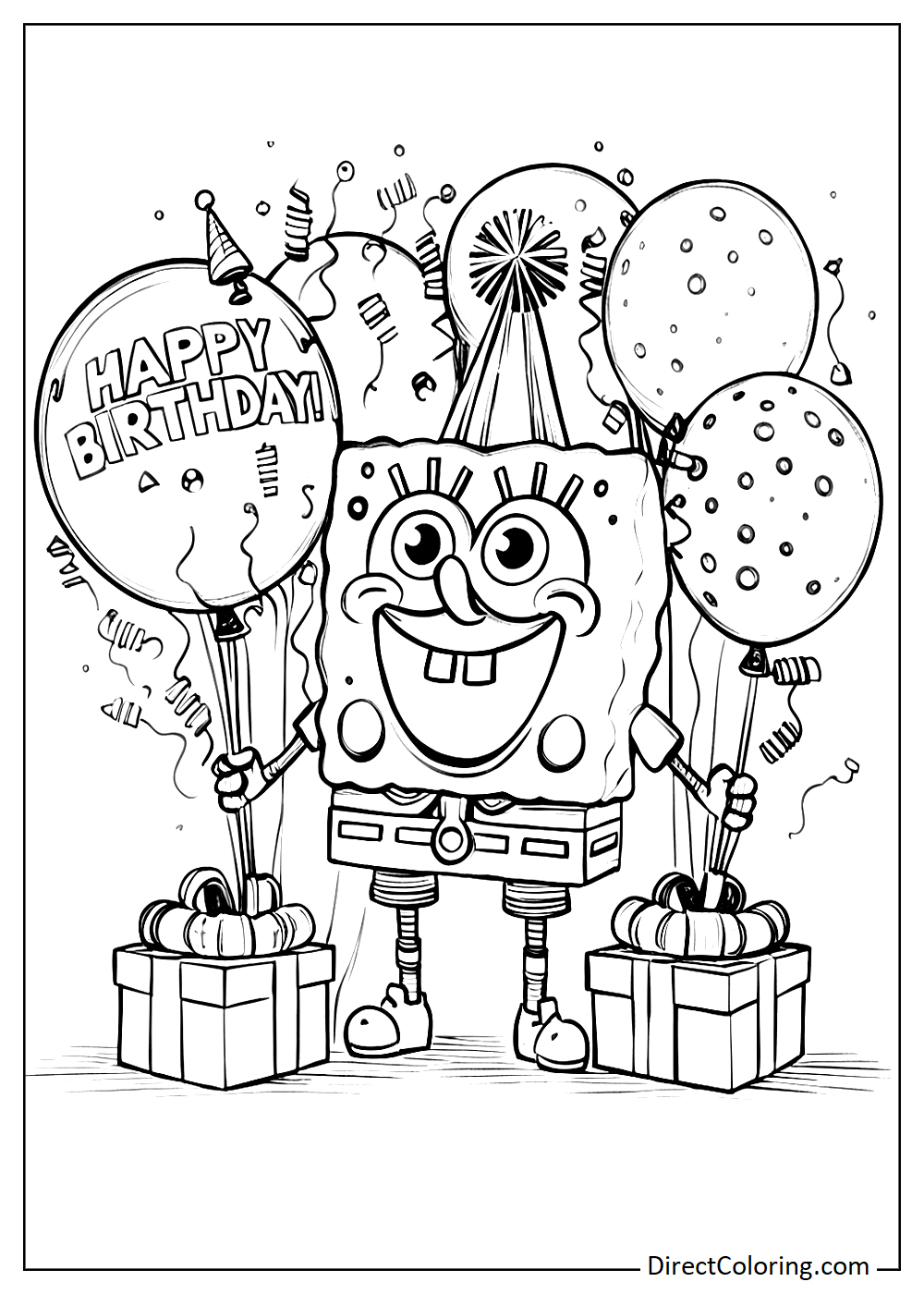 SpongeBob with birthday balloons coloring page