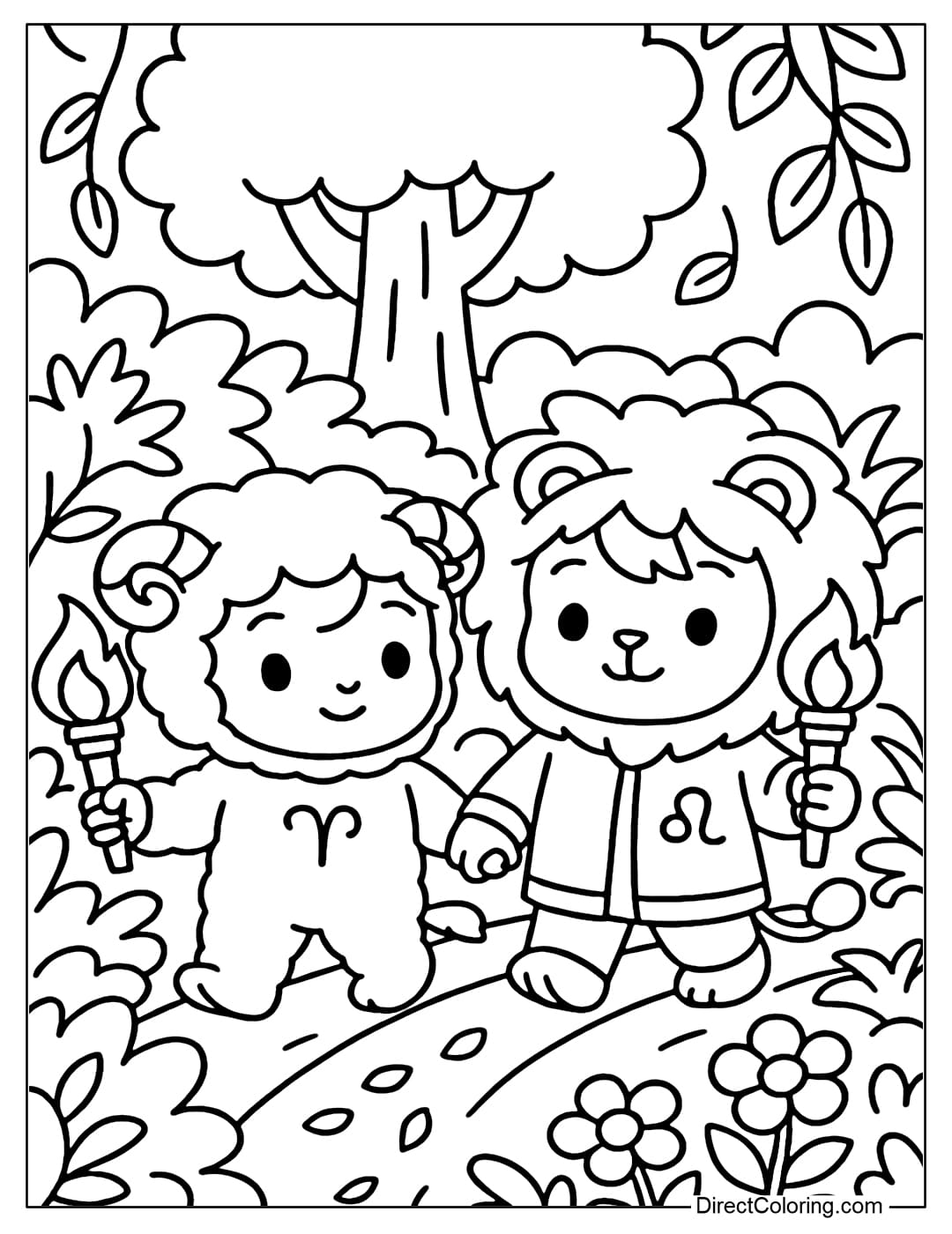 Coloring page of Aries wearing a sheep costume and Leo in a lion coat, both holding torches and adventuring in the jungle.