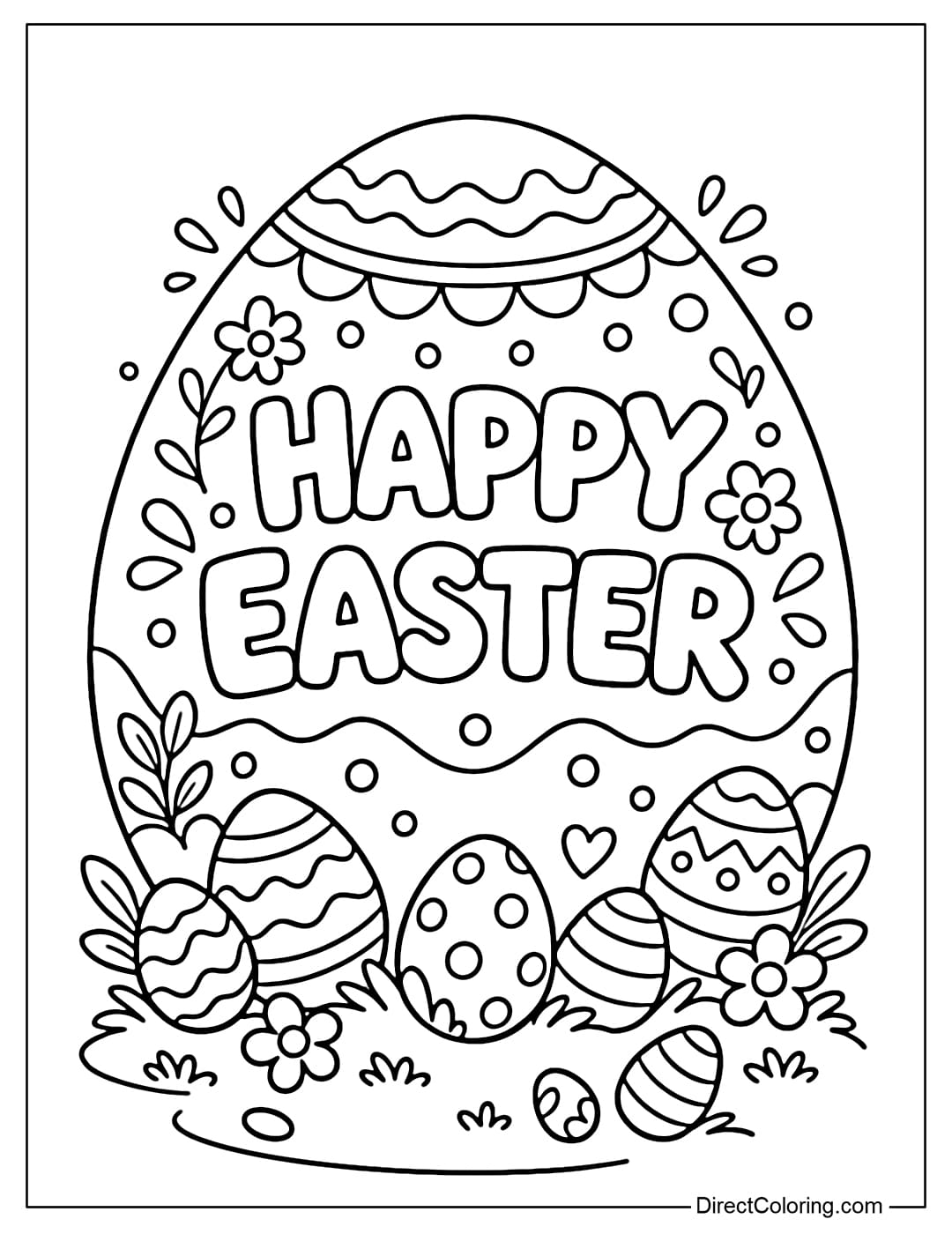 Coloring page of a large Easter egg with the words 