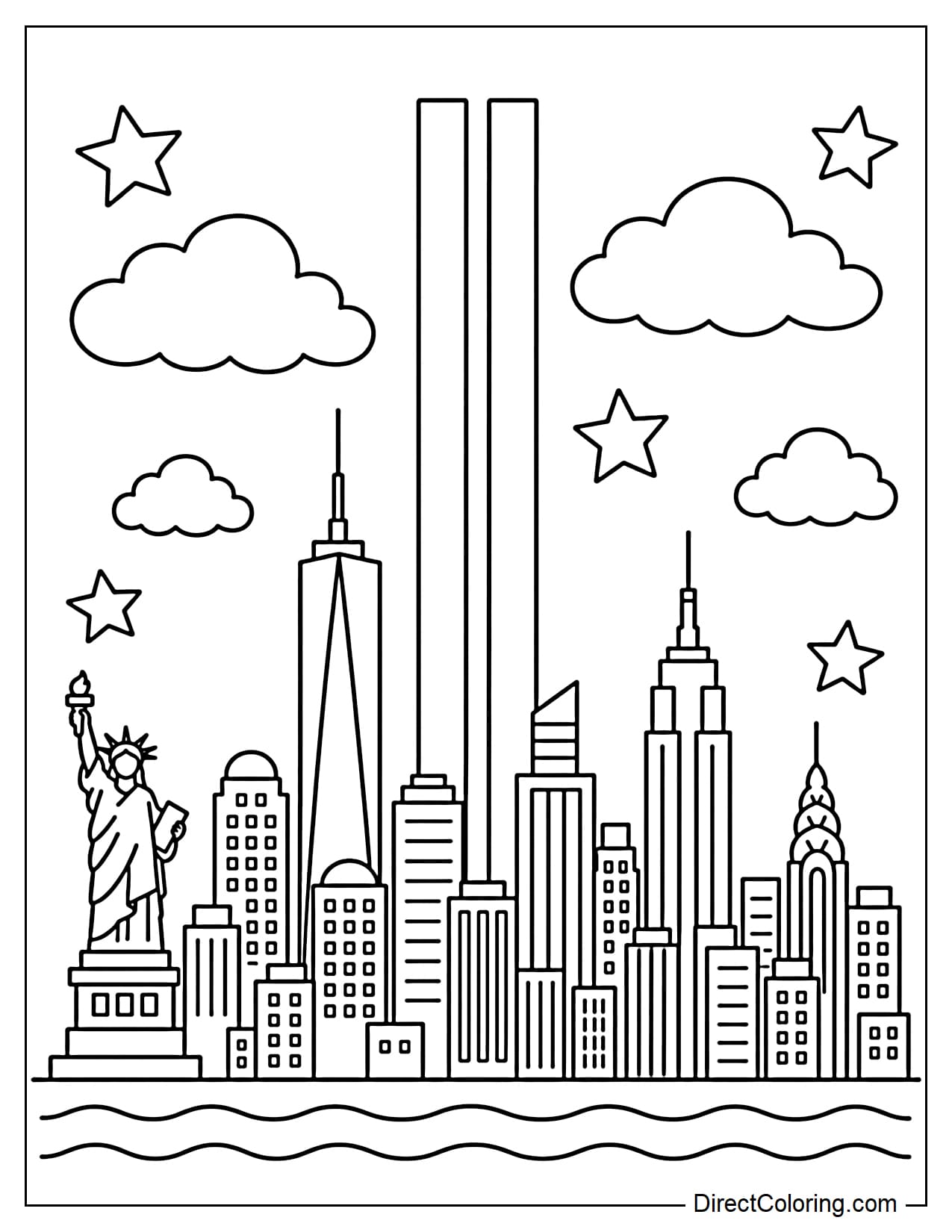 A simple New York City skyline is shown with two vertical beams of light above it as a symbol of remembrance, surrounded by a few large stars and clouds.
