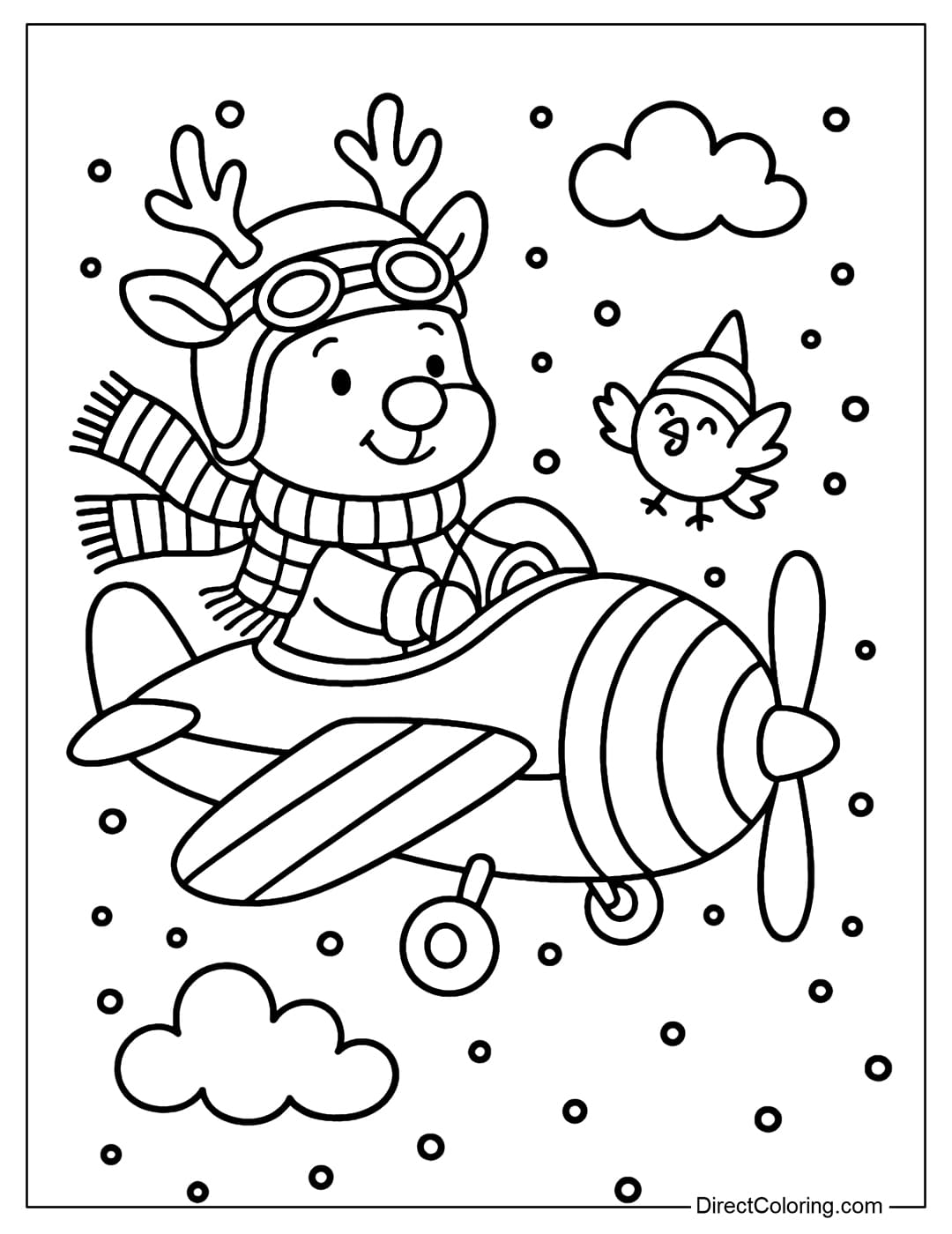 Coloring page Red-nosed reindeer wearing a pilot hat, scarf, piloting a plane flying through the snowy clouds.