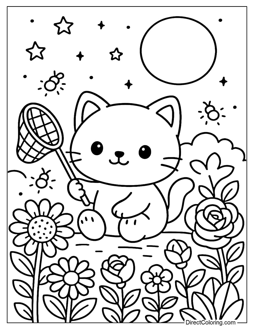 A coloring page of a cat sitting in a flower garden at night, trying to catch glowing fireflies.