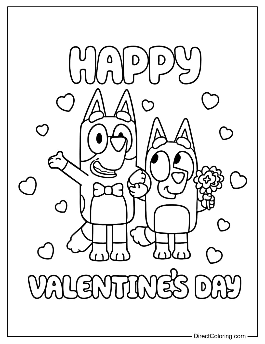 Bluey and Bingo are standing next to each other in a sweet and warm Valentine's Day atmosphere. Bluey happily waves, Bingo smiles and holds a small bouquet of flowers with the words 