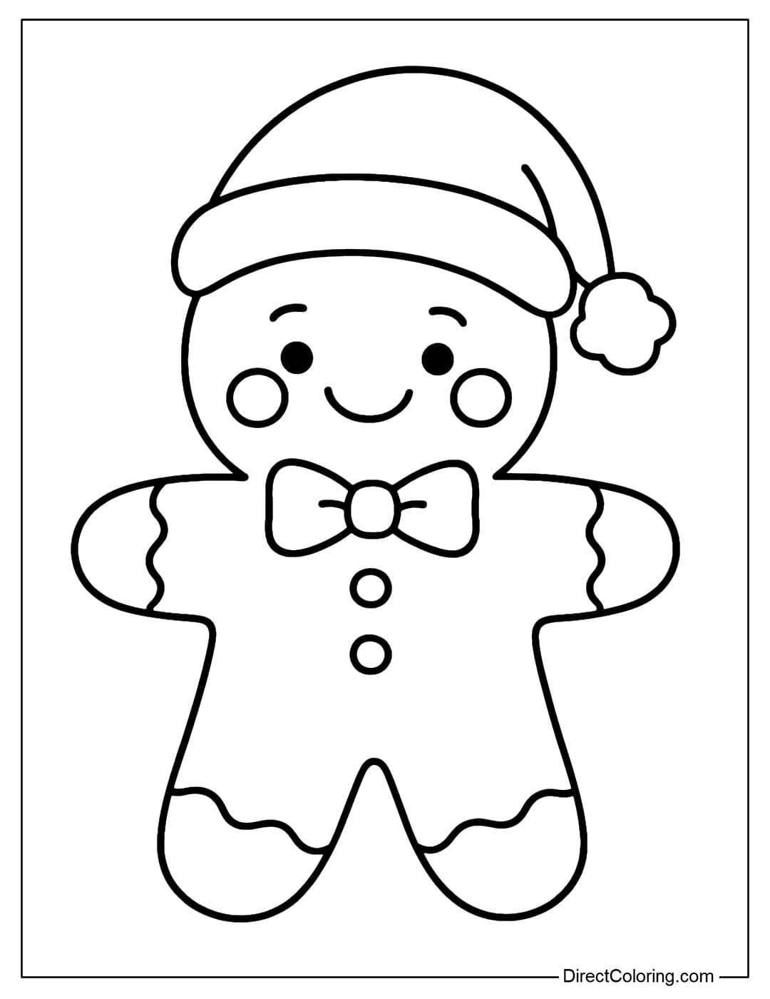 Coloring page of gingerbread man wearing Santa hat and bow tie.
