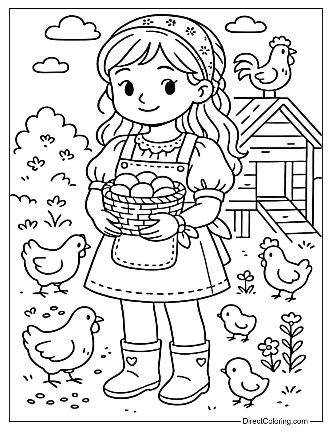 a cute farm girl coloring page with a basket full of round eggs in her hands. Behind her is a small wooden chicken coop with a sloping roof.