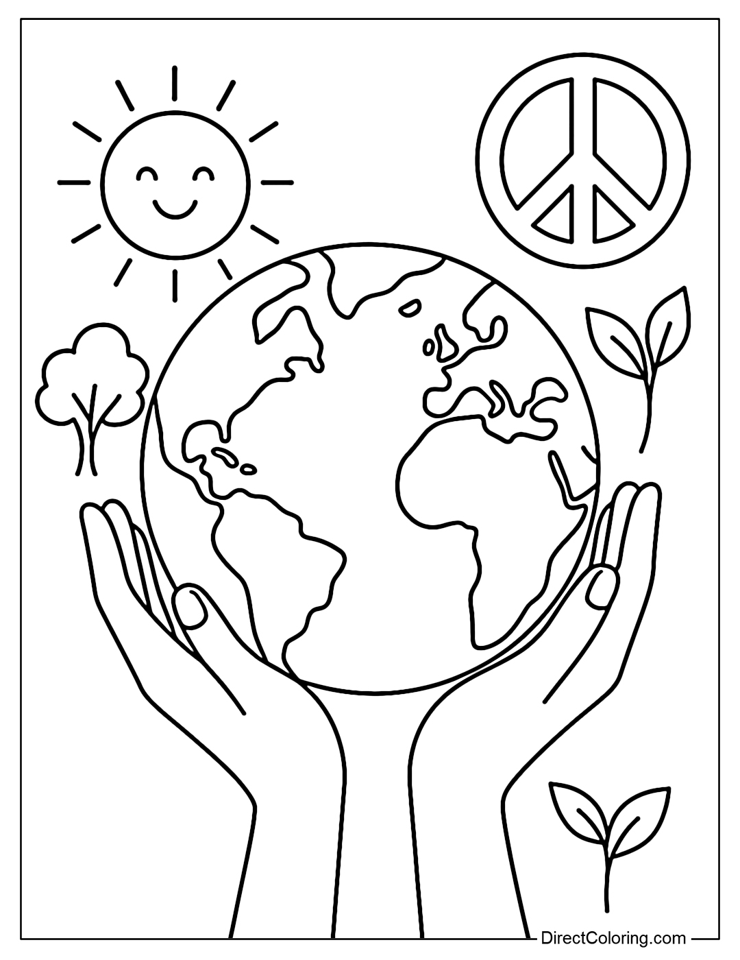 Coloring page of young hands holding the Earth, surrounded by peace symbols, trees, and the sun.