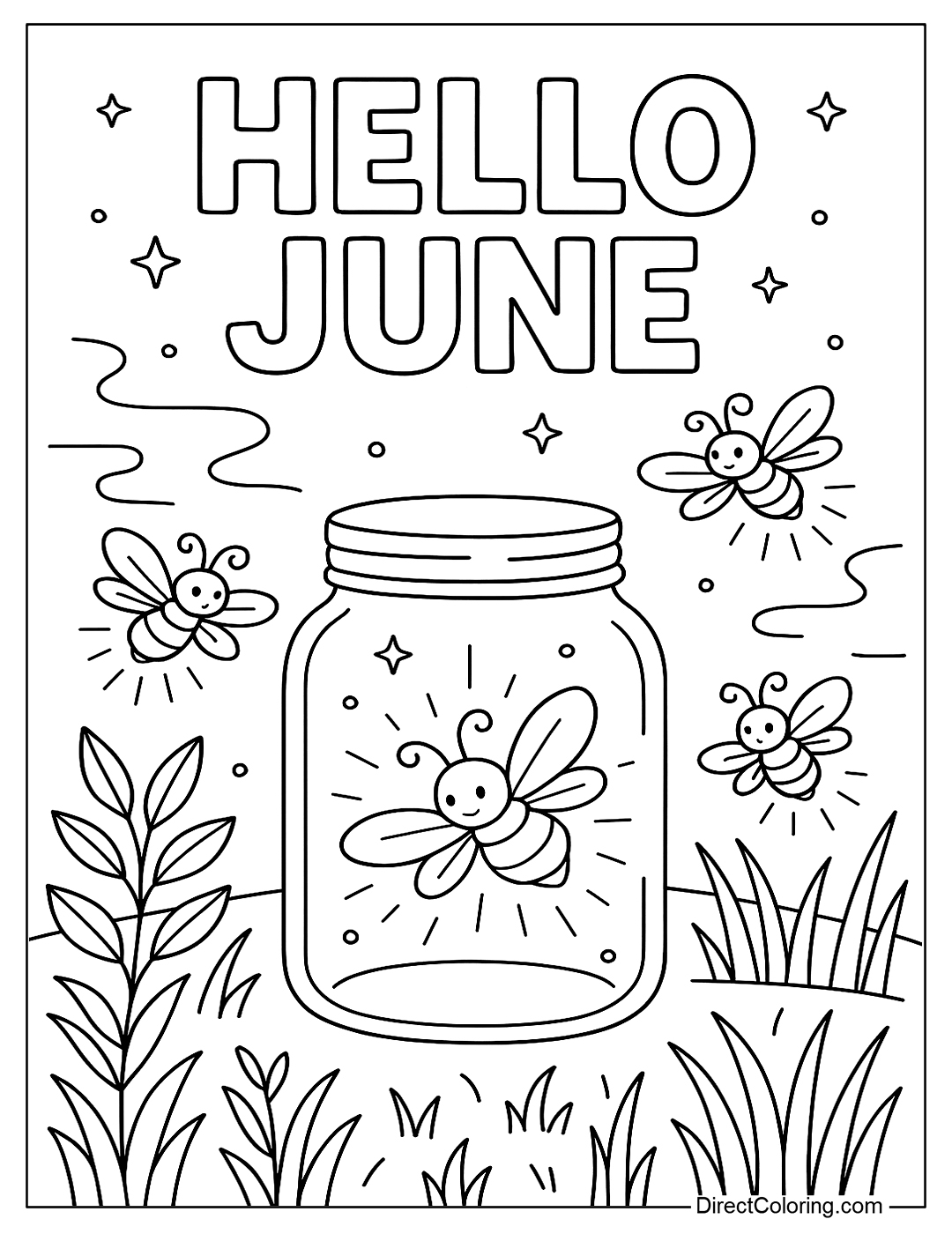 a June evening coloring page with fireflies flying around and a sparkling light-catching jar