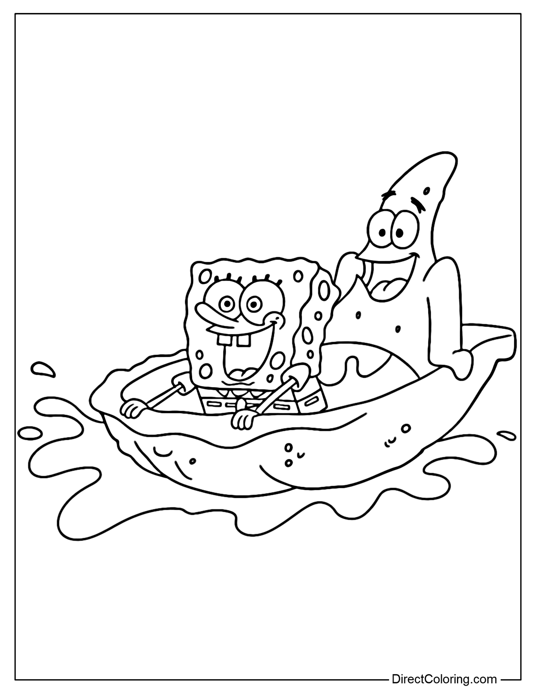 Coloring Page of Patrick and SpongeBob are having a blast as they ride a large seashell sliding over water.