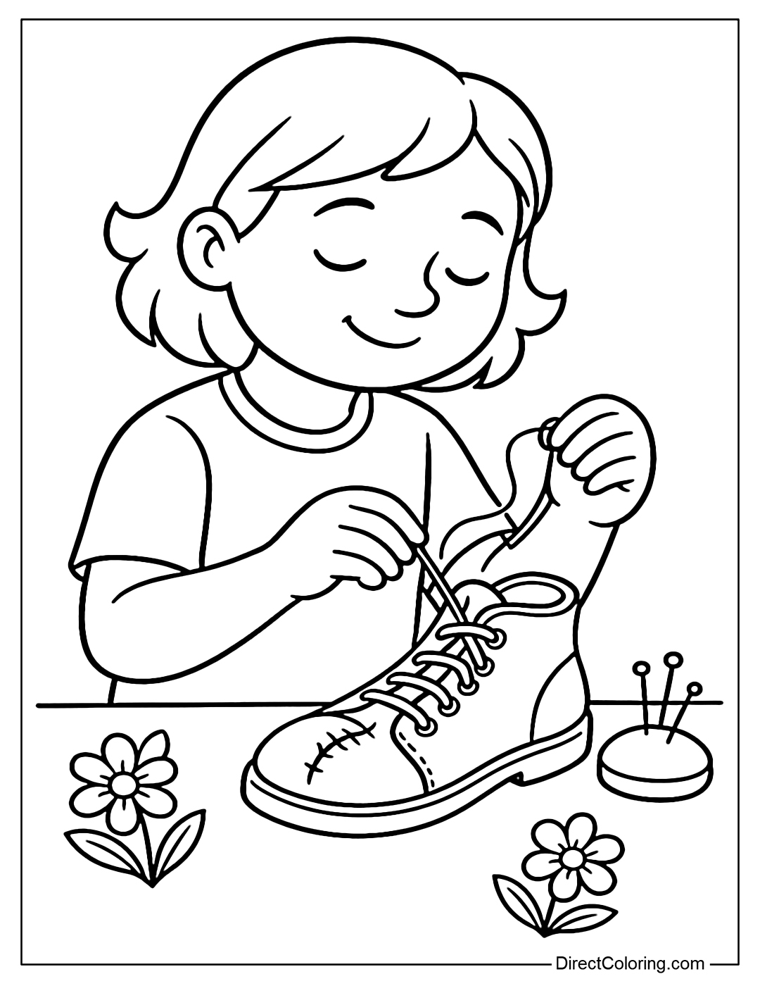 A coloring page of a child sewing a pair of torn shoes to give to a close friend, with a caring expression.