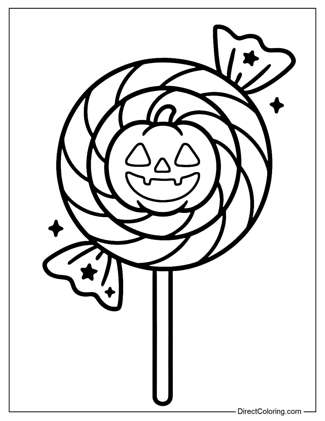 Halloween lollipop coloring page with a Jack-o-Lantern pumpkin in the middle, surrounded by a swirling candy ring.