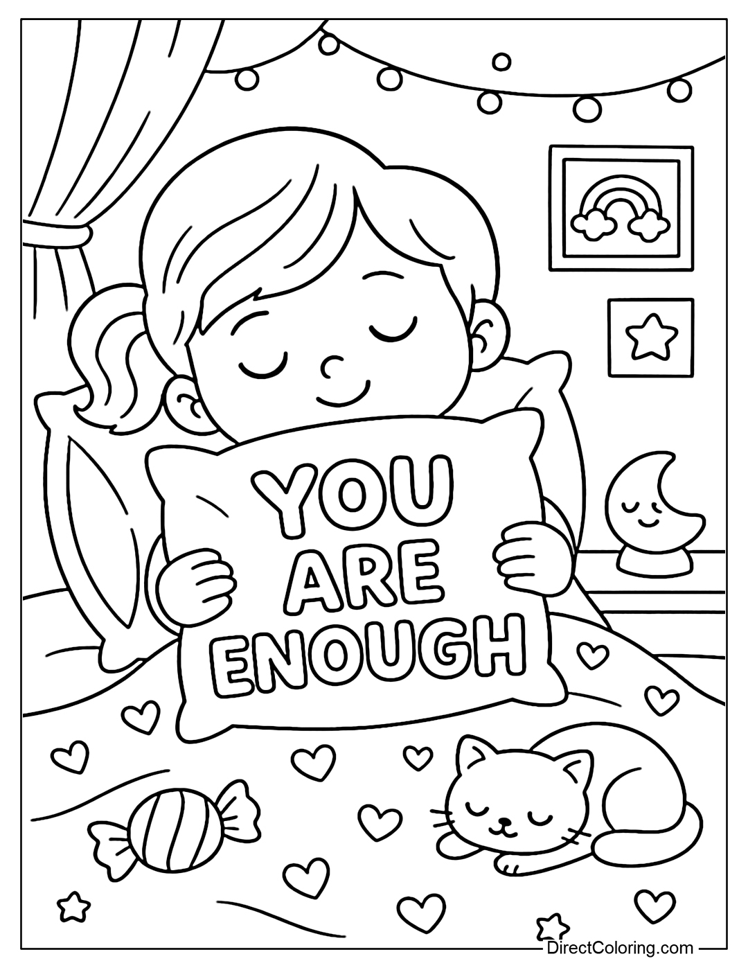 A coloring page of a sleeping baby with a warm You Are Enough message on the pillow.