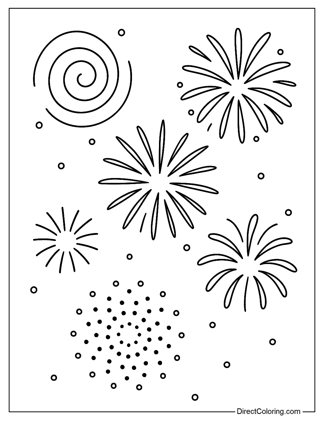 Coloring page of small clusters of fireworks in many styles (round, spiral, fringe), arranged evenly on a white background, easy to color.